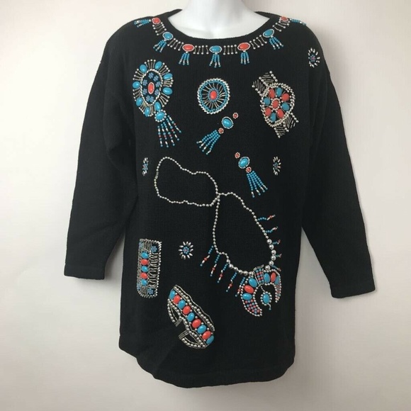 Vtg Studio Collection Sweater Black Jewel Turqoise - Picture 1 of 8